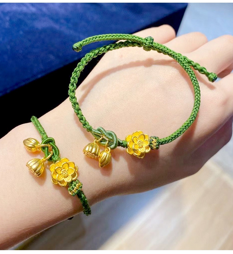 正爱生日礼物黄金莲花手链送女朋友老婆闺蜜金莲花足金转运珠手工编织