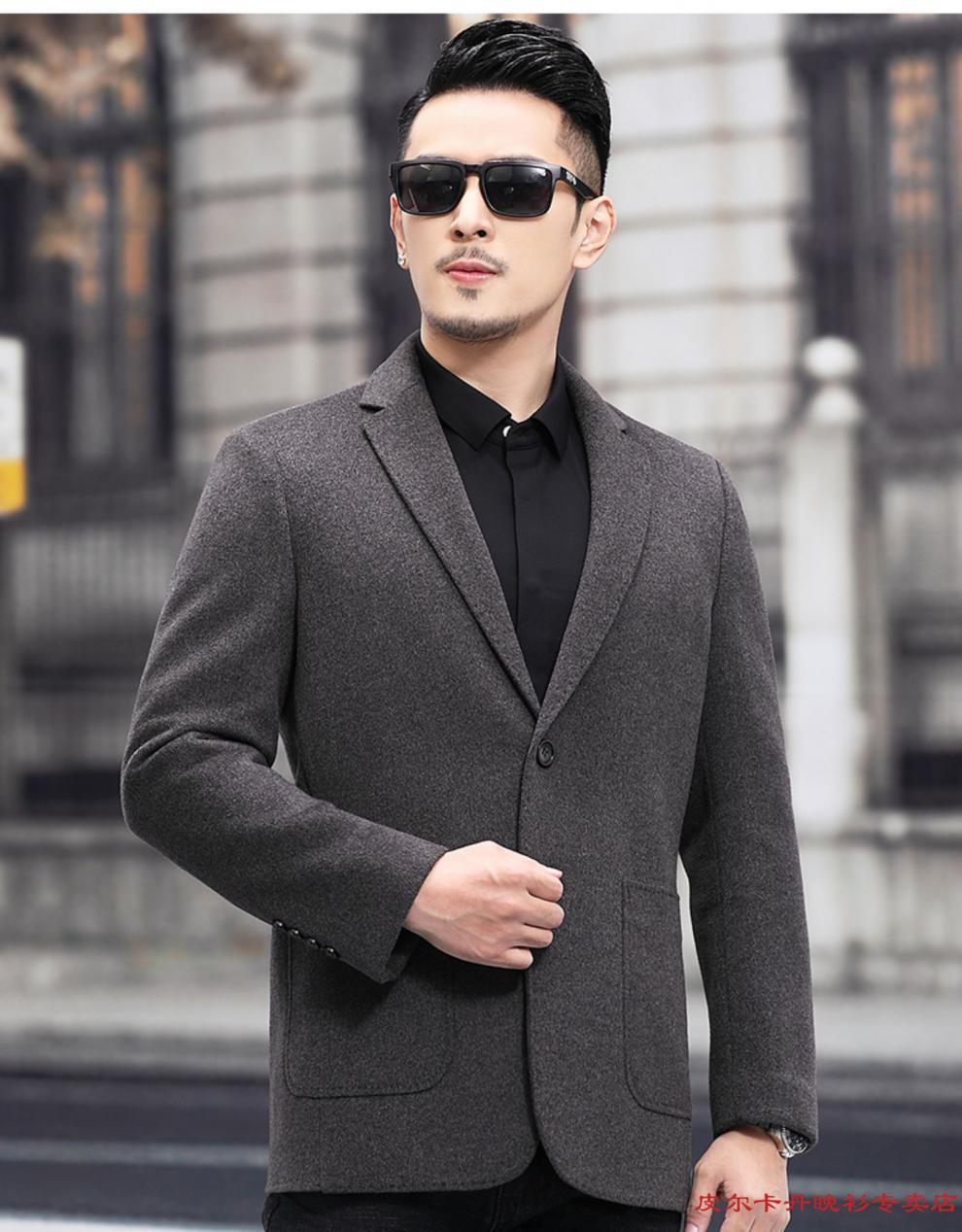 秋冬双面羊毛西服男商务休闲上衣单件男士毛呢小西装外套中年单西针织
