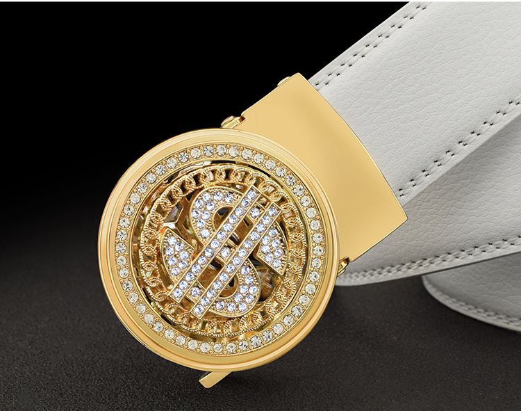 jhbee-会转的皮带男宽腰带十字扣头皮休闲裤带韩风潮流自动扣 白皮金