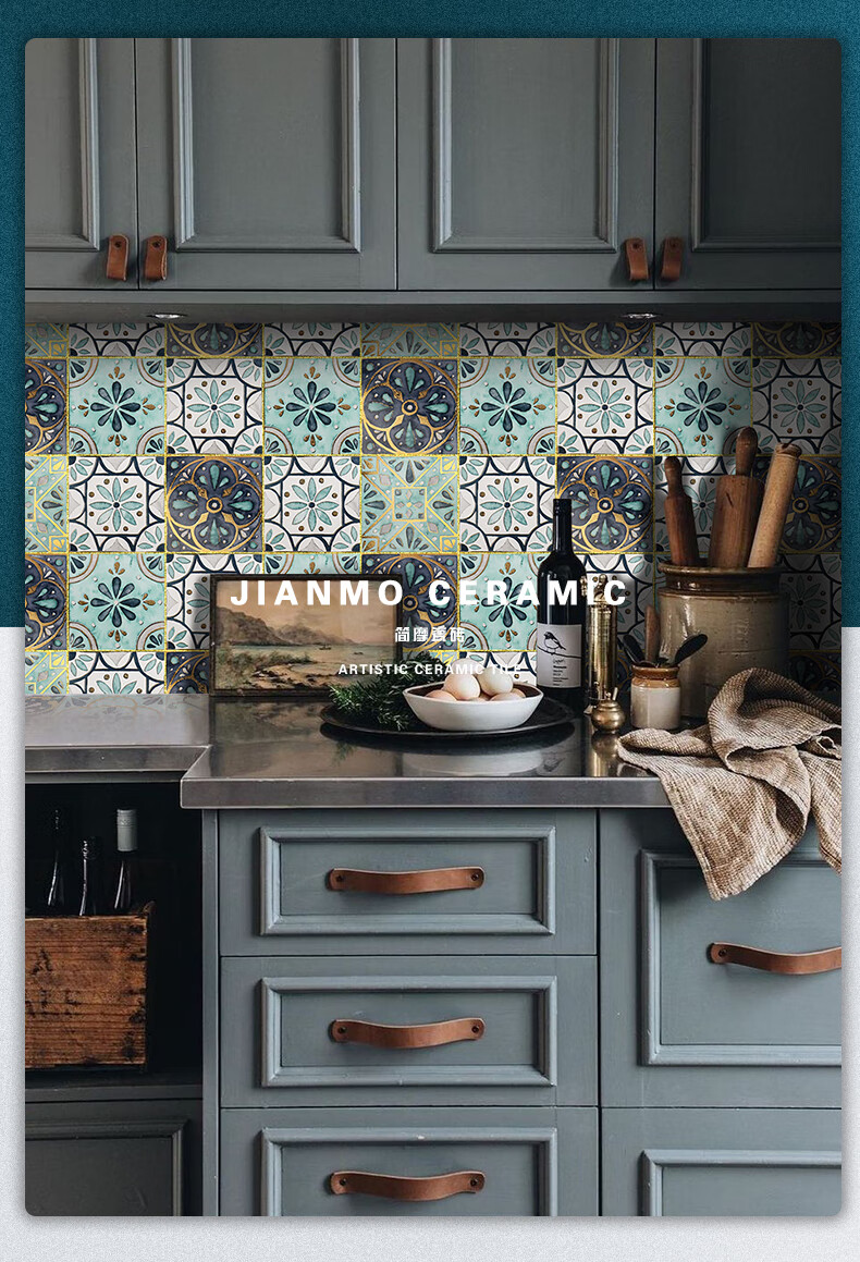 皮谱复古手绘花砖 简摩丨轻奢复古蓝色法式小花砖 卫生间厨房地砖手绘