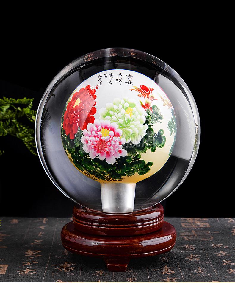 内画水晶球内画水晶球摆件牡丹花八骏图迎客松富贵鱼花开富贵五牛图