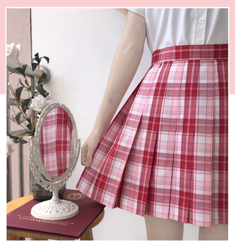 原创设计jk制服格裙短裙女百褶裙学院风学生半身裙粉色格格子裙 冰点