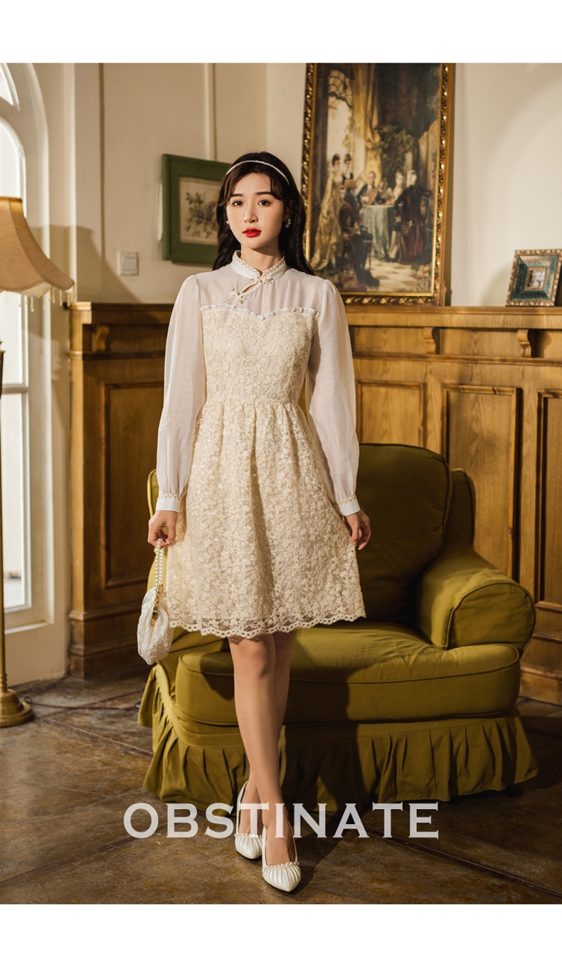 固执《洛亦》2021秋季新款复古蕾丝拼接花边中长款连衣裙 杏色 160