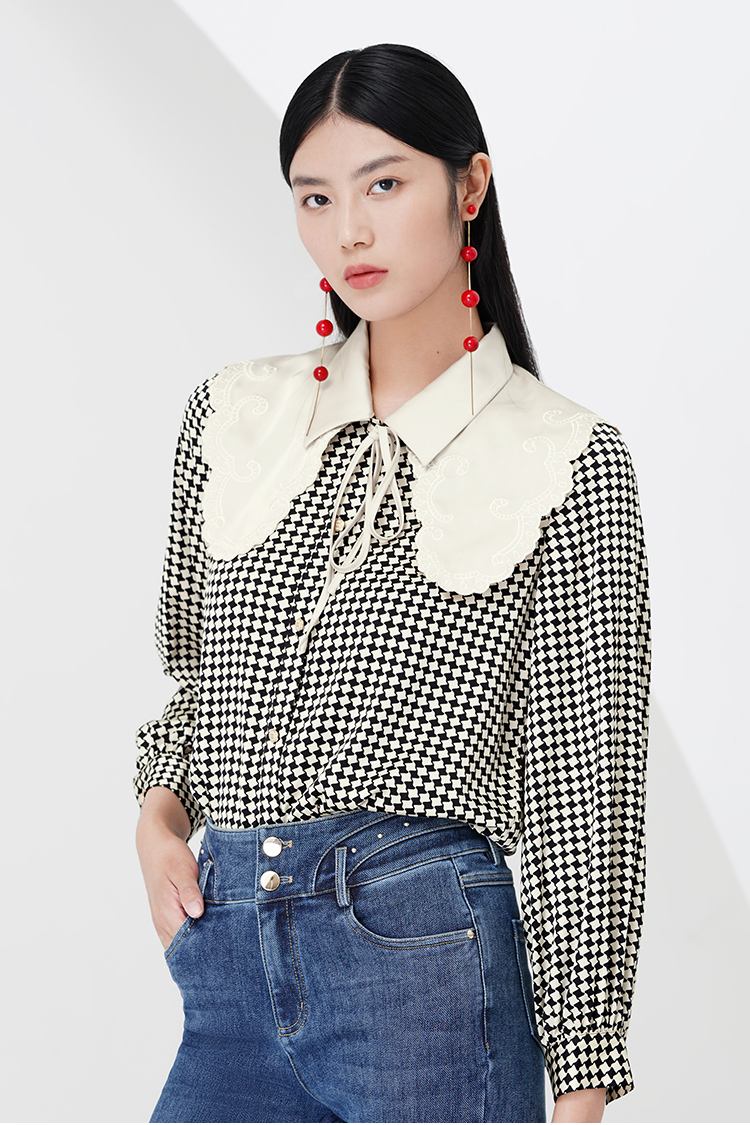 hr赫莲娜女装2021秋季新款简约气质抽象印花翻领衬衫女黑色s16080a