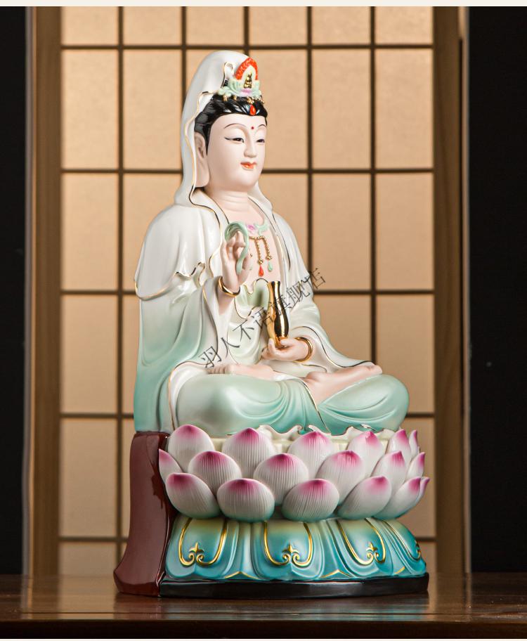 菩萨佛像家用客厅供奉摆件笑脸观音神像 14寸淡青衣款古莲观音【图片