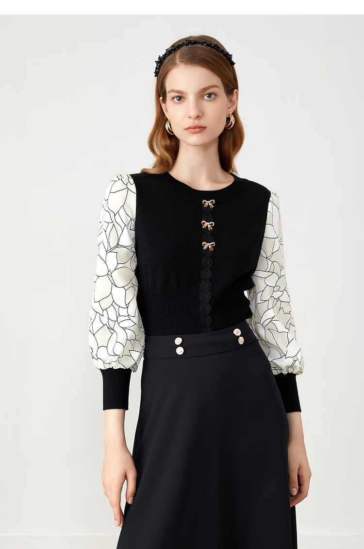 yiner音儿女装秋季新款圆领拼接毛针织衫黑白36