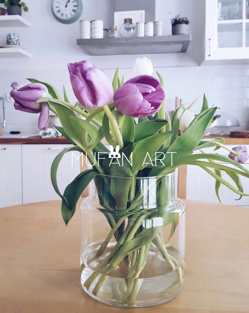 北欧透明玻璃花瓶一字口插花水培花器家居花店婚礼摆件花瓶墨绿色小号