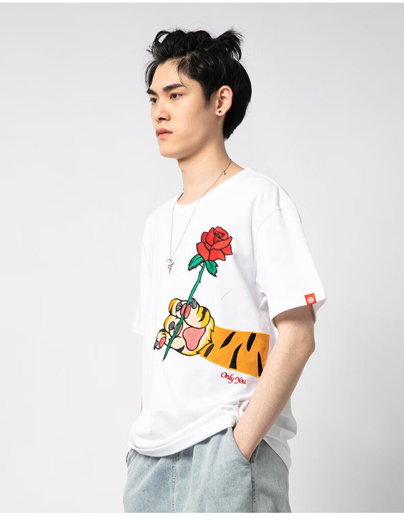 天龙致尊denonsupreme短袖t恤男女潮牌国潮夏季老虎玫瑰刺绣纯棉宽松