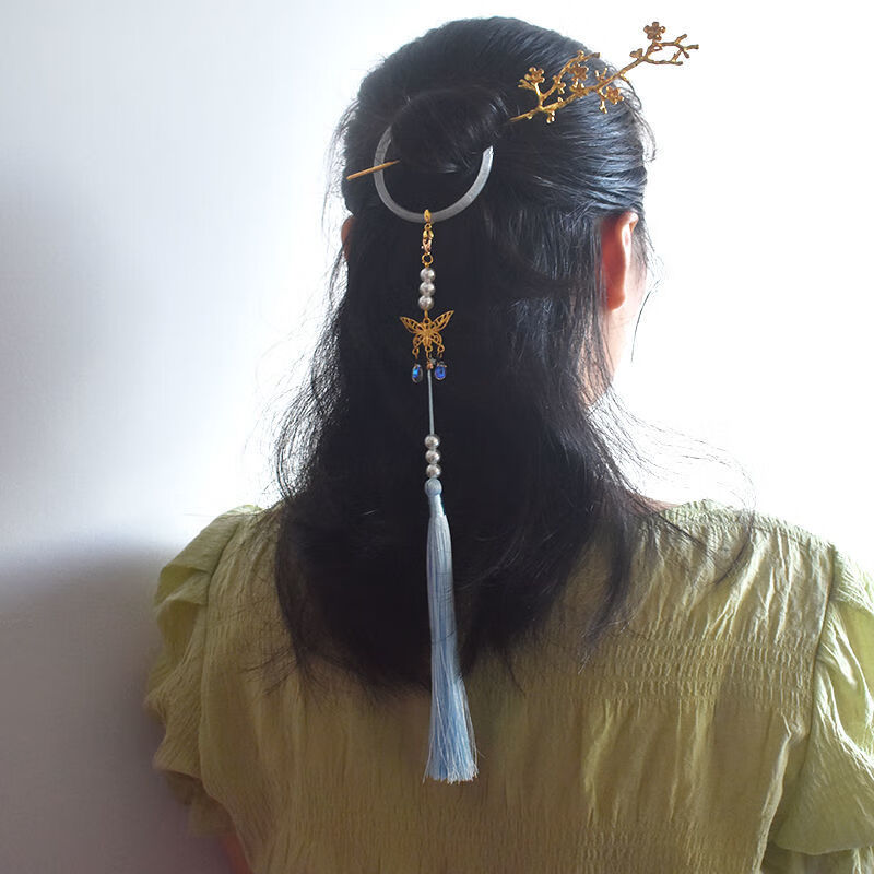 狮子头古风后压流苏发环汉服手镯长款珍珠发簪多用后脑勺头饰超仙发饰