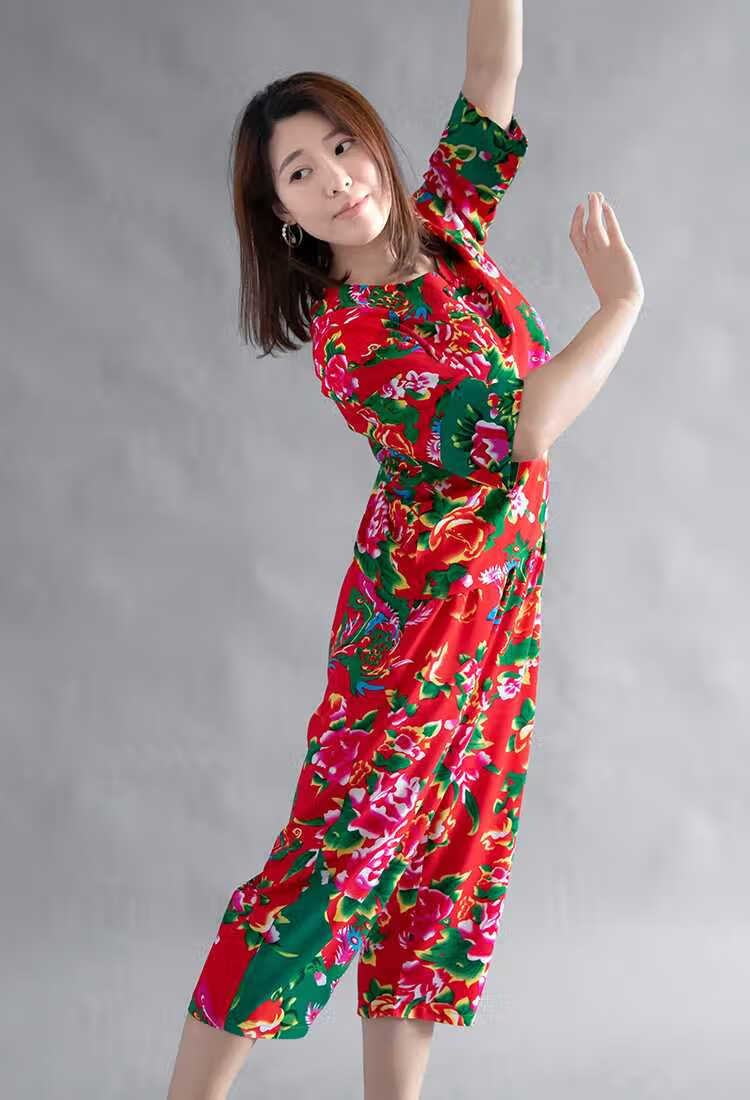 东北大花布衣服 聚会搞笑姐妹装 村姑女民族风舞蹈演出服棉绸套装