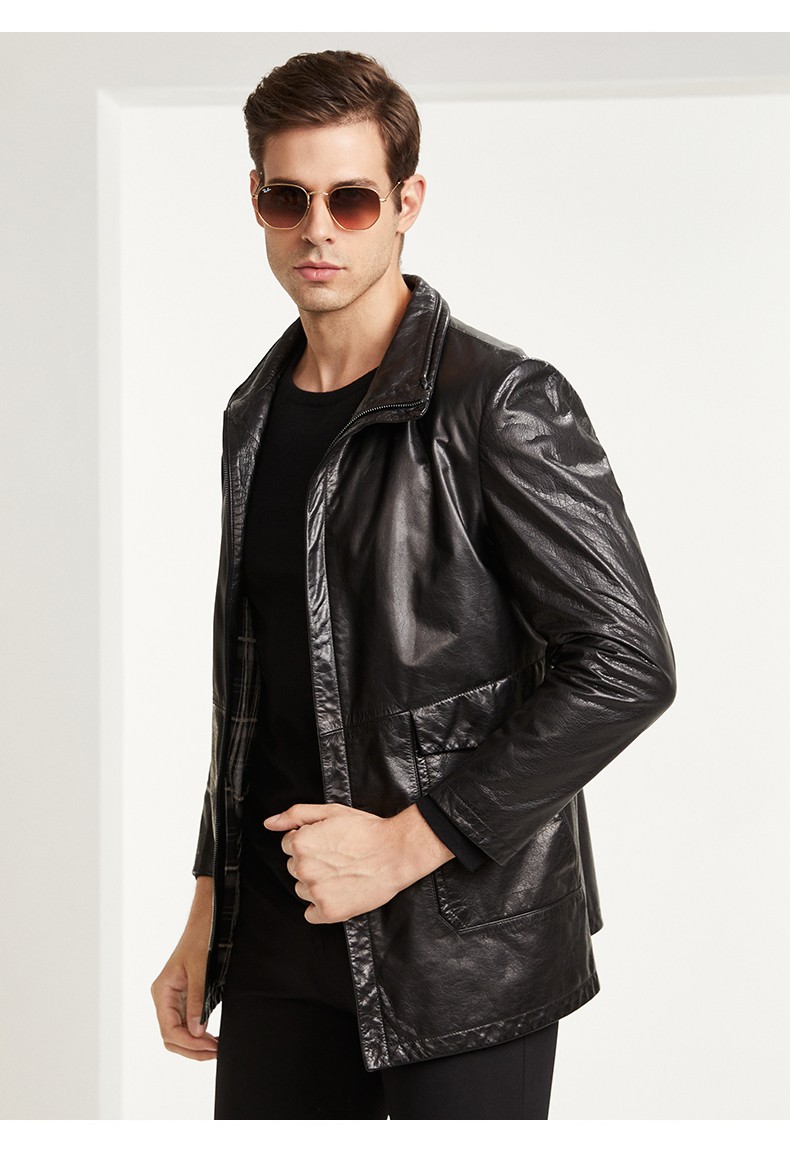 雪豹秋冬真皮皮衣男士外套头层牛皮休闲机车皮夹克秋冬黑色180100a52