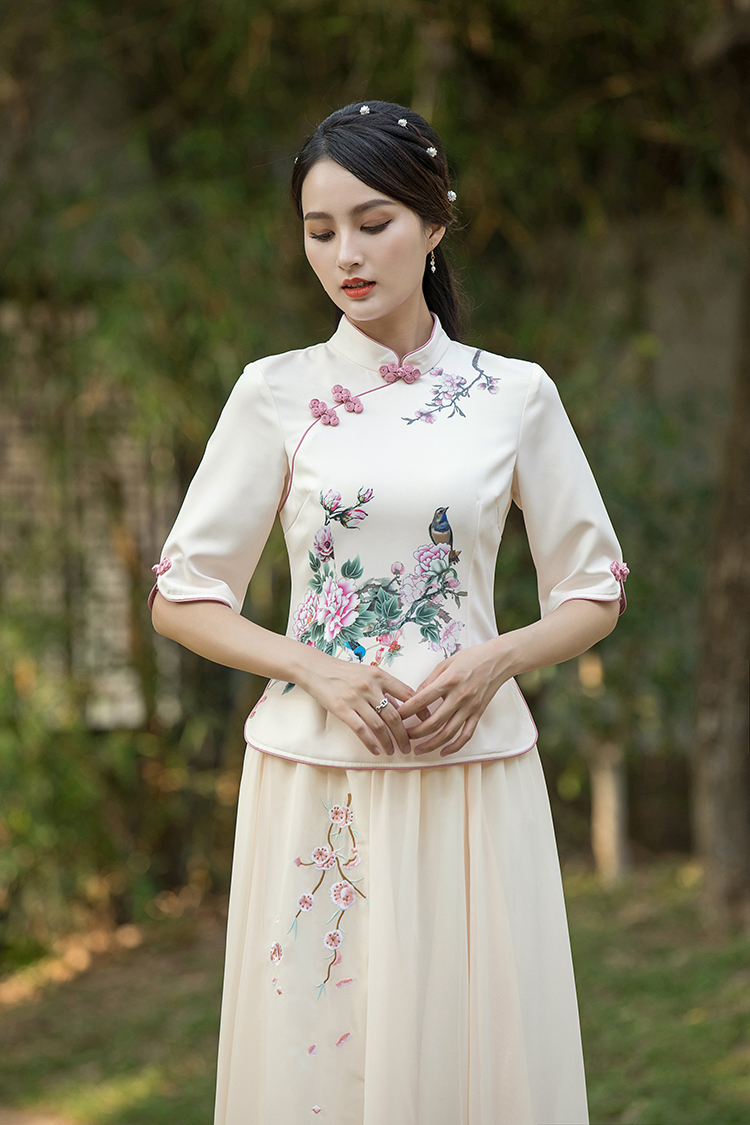 民族风套装女复古汉服改良旗袍茶服女夏装中国风大码修身唐装上衣杏色