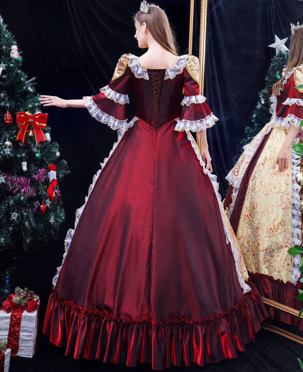 22酒红色花车巡游欧式宫廷公主裙走秀拍照写真英式演出年会礼服女 酒