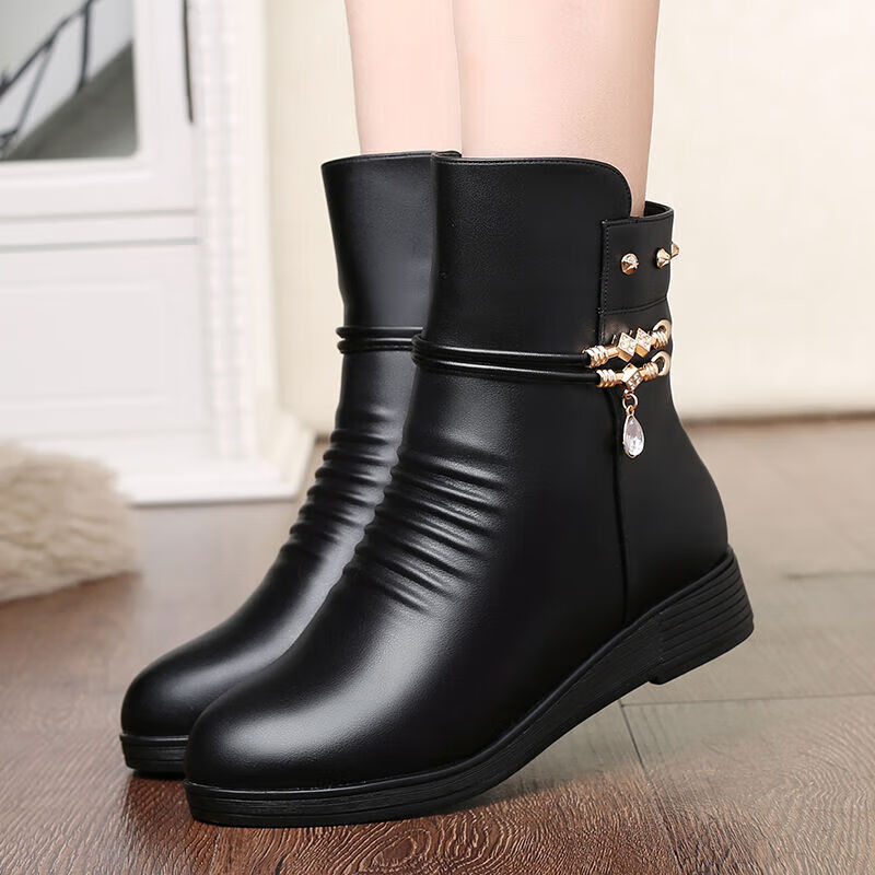 羊皮鞋女冬季方跟防滑皮鞋女加绒靴子女短靴中年女士羊皮靴女 黑色