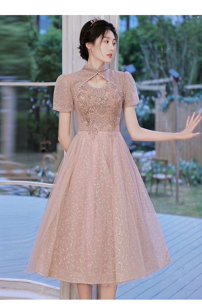 粉色晚礼服裙女宴会气质学生艺考毕业主持人小礼服平时可穿感 藕粉色