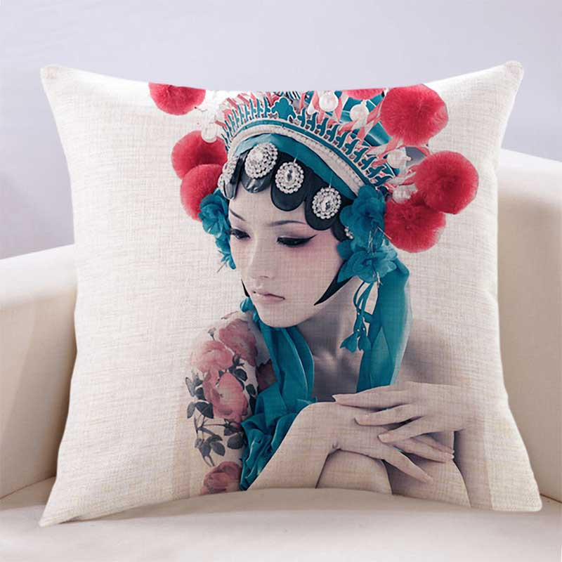亚麻靠垫中国风新中式脸谱人物京戏花旦美女复古亚麻抱枕沙发棉麻靠垫