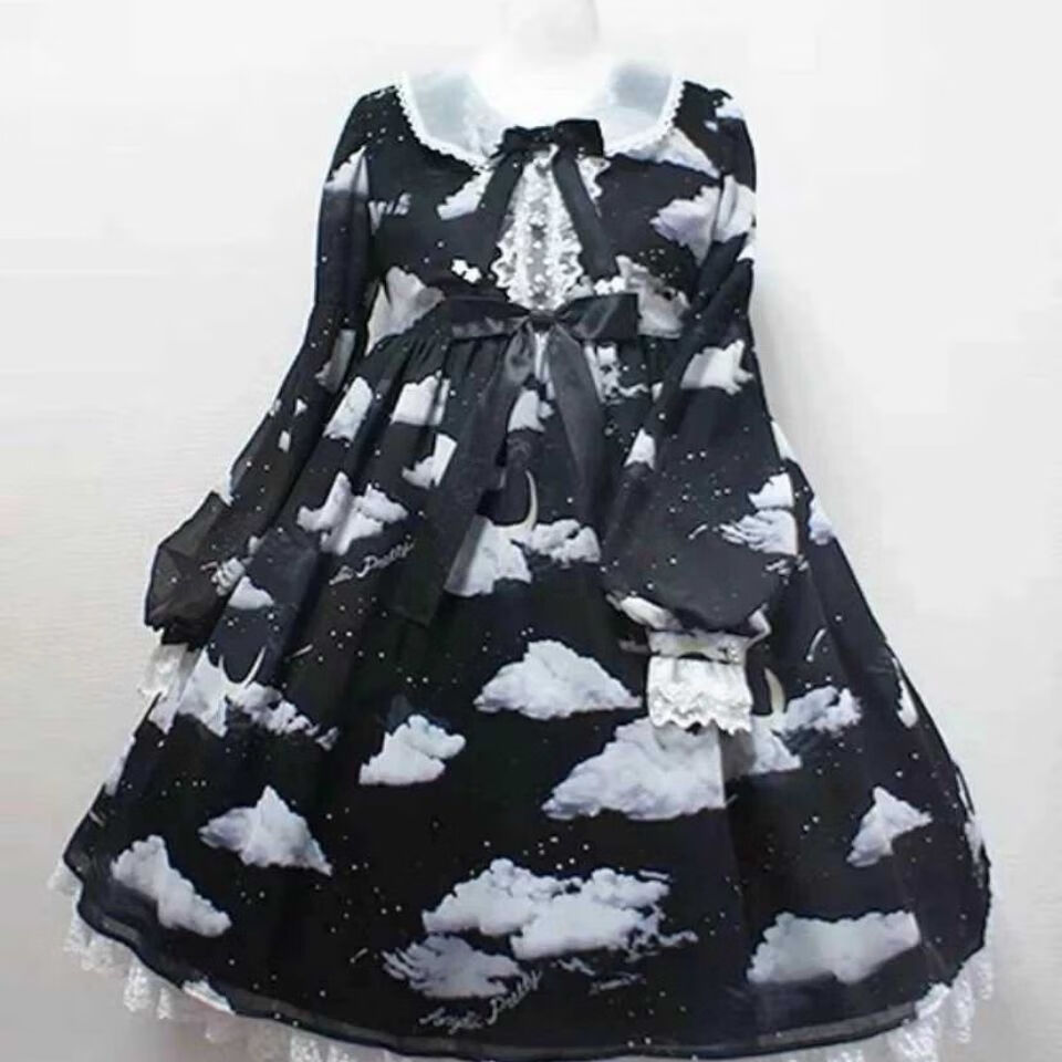 小白云黑色日系长袖洛丽塔软妹连衣裙高个子超长裙cdcafgk 黑云白蕾丝