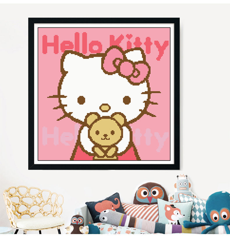 十字绣kitty猫卡通动漫可爱儿童卧室小幅自己绣简单满绣中格40x40cm