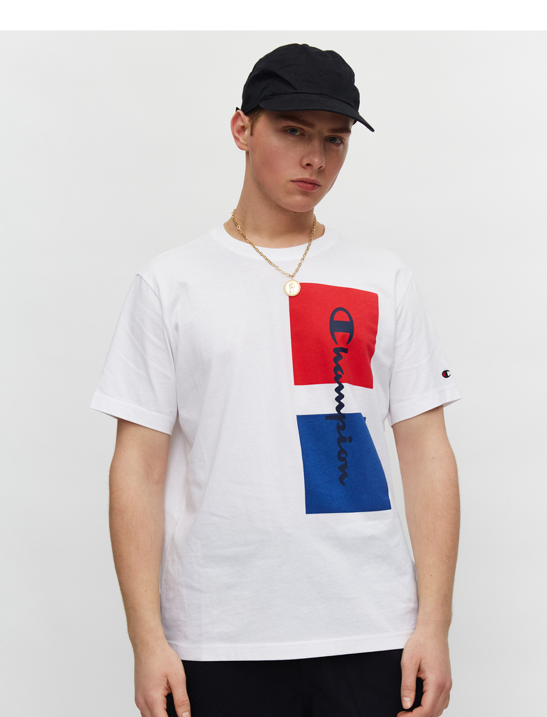 champion2021夏季新款撞色草写logo圆领宽松t恤冠军短袖男 蓝色 l