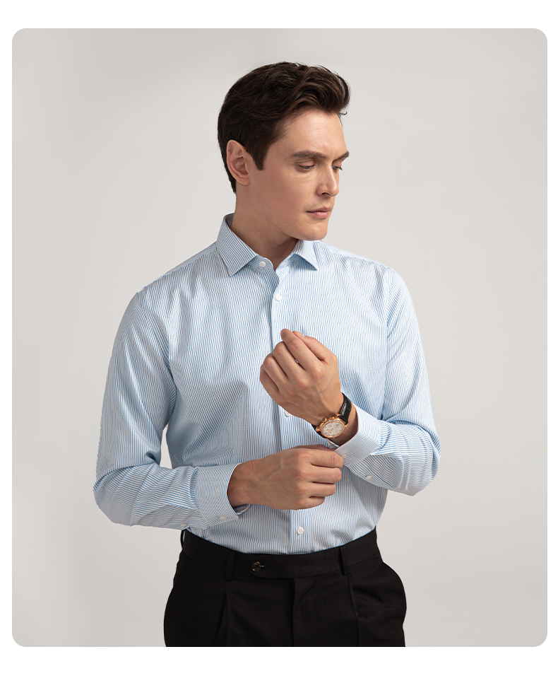 培罗蒙dp免烫微弹长袖衬衫男免烫商务休闲男士条纹衬衣男抗皱易打理蓝
