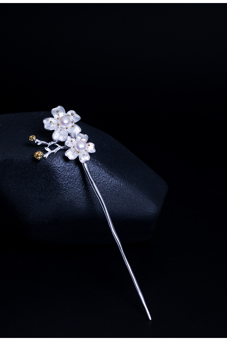 媛姿s925银发簪女唯美珍珠樱花古典汉服盘发叶子头饰 珍珠樱花流苏