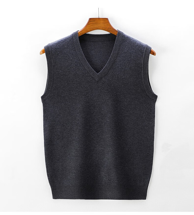 恒源祥纯羊毛绒衫羊毛背心男士马甲中年加厚秋冬v领纯色针织坎肩毛衣