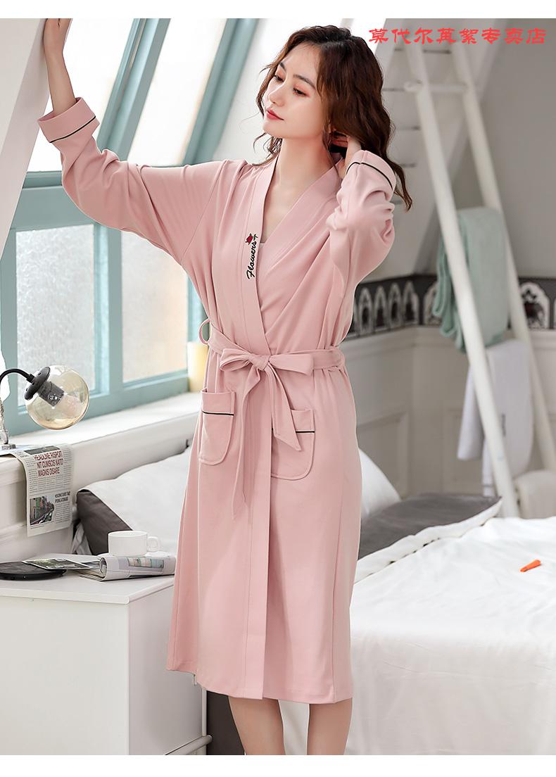 莫代尔睡袍女春秋季纯棉长袖浴袍女士长款睡衣日式家居服全棉浴衣粉色