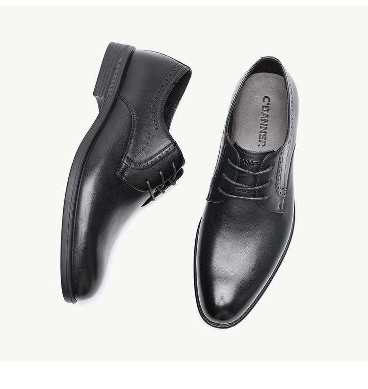 千百度商务正装皮鞋男士头层牛皮德比鞋透气简约职场鞋子男 黑色 38