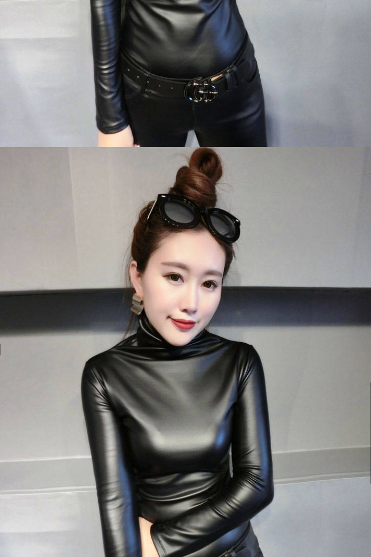 花月浓加绒保暖高领弹力pu皮打底衫秋冬堆堆领内搭t