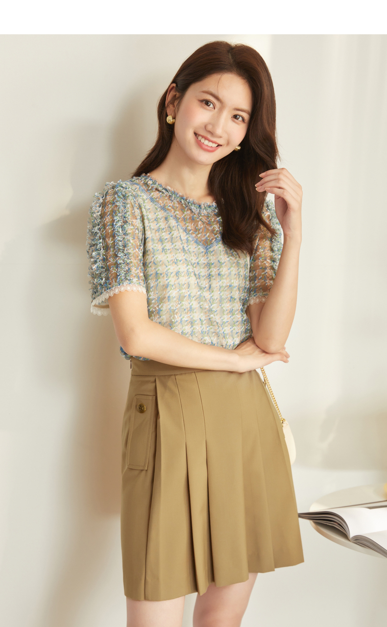 xg雪歌套头圆领镂空短袖蕾丝衫2022夏季新款通勤简约休闲衬衫女装花色