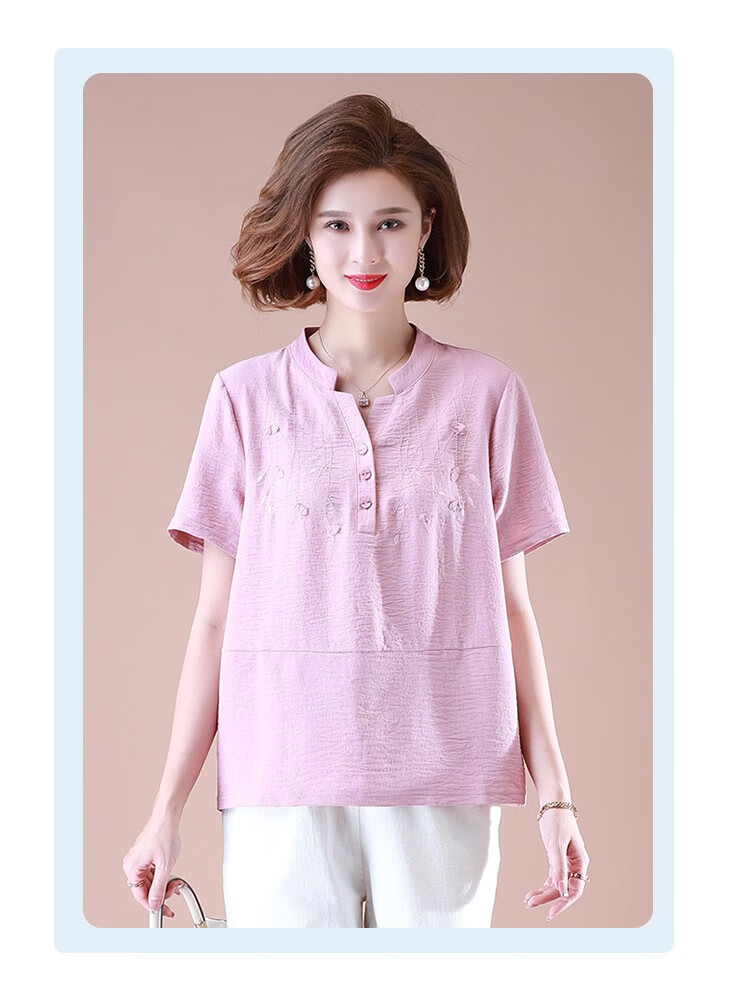 奢侈品质高端进口女装特价中老年女棉麻夏季半袖上衣4050岁中年妈妈款