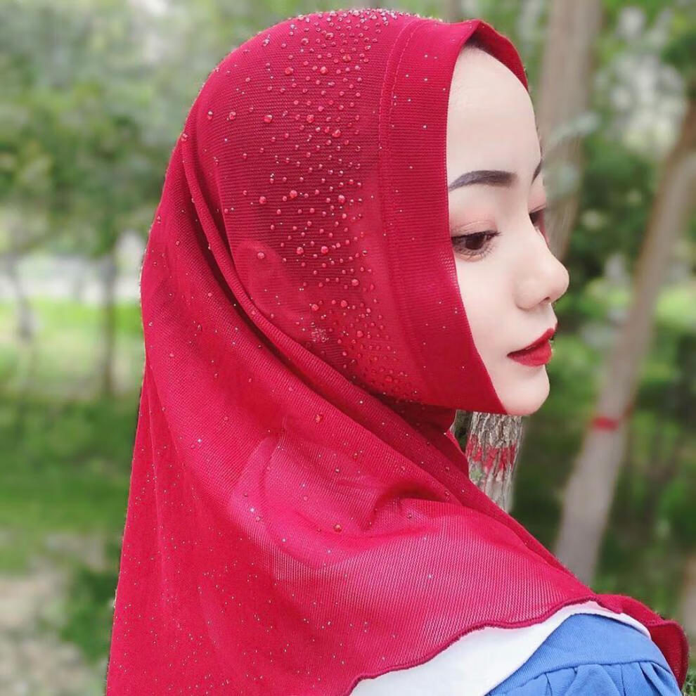 回族女人的套头纱巾夏季方便头套洒金烫钻简便套头新款凉爽头巾回族