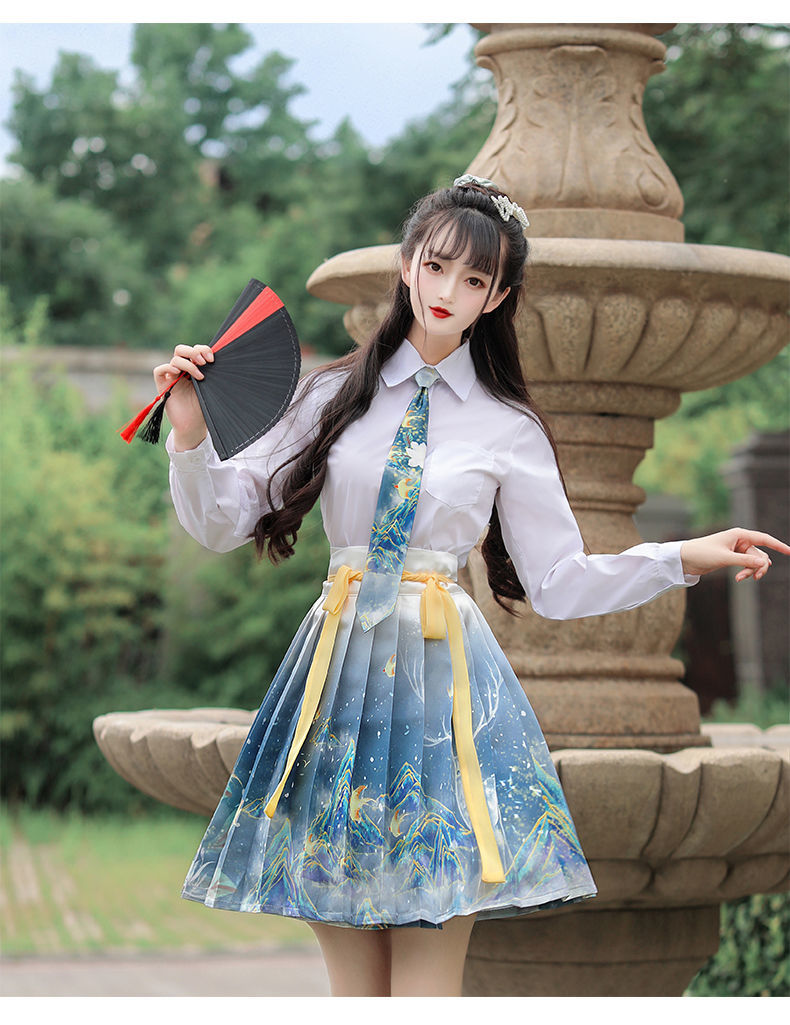 汉服女成人三月兮汉服女改良国风汉元素百褶裙夏jk制服学生渐变蓝色