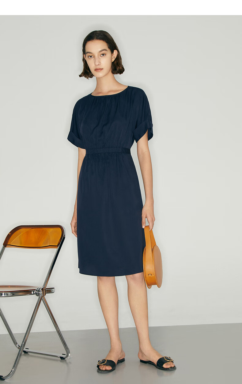 mm麦檬夏季新款裙子女收腰显瘦简约气质连衣裙5c4190261藏蓝15580as