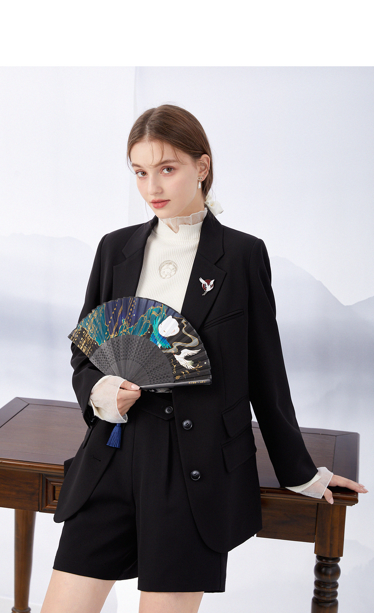 秋水伊人中长款西装外套秋季新款女装西子猫猫联名仙鹤胸针西装外套女