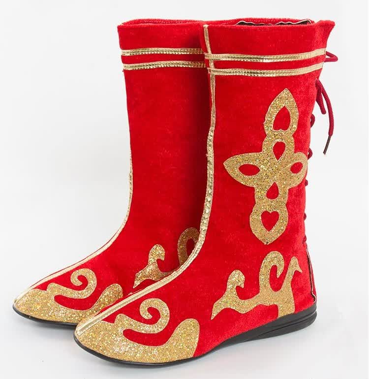 靴子儿童少数民族舞蹈鞋男女蒙古藏族女靴长款舞台表演靴1 带钩红色款