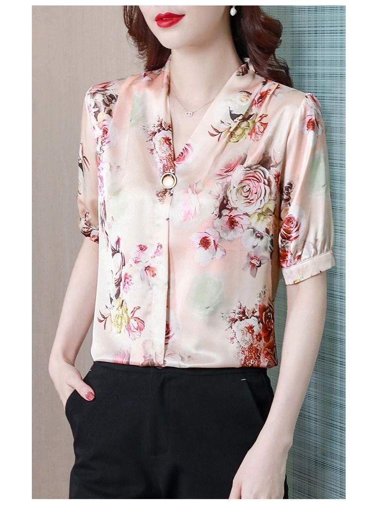 特价捡漏京选好货旗舰官方店丝绸真丝v领上衣女桑蚕丝短袖衬衫高档