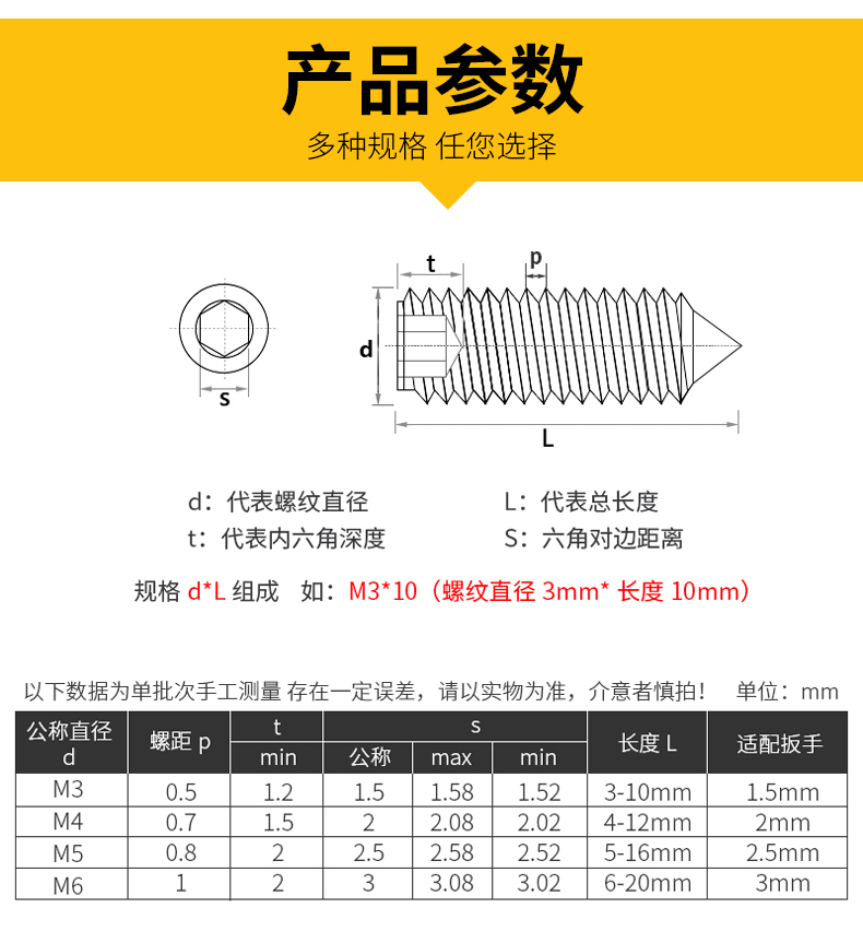 堅威 黃銅錐型尖端緊定螺絲無頭內六角螺釘機米頂絲m3m4m5m6 m3*3【20