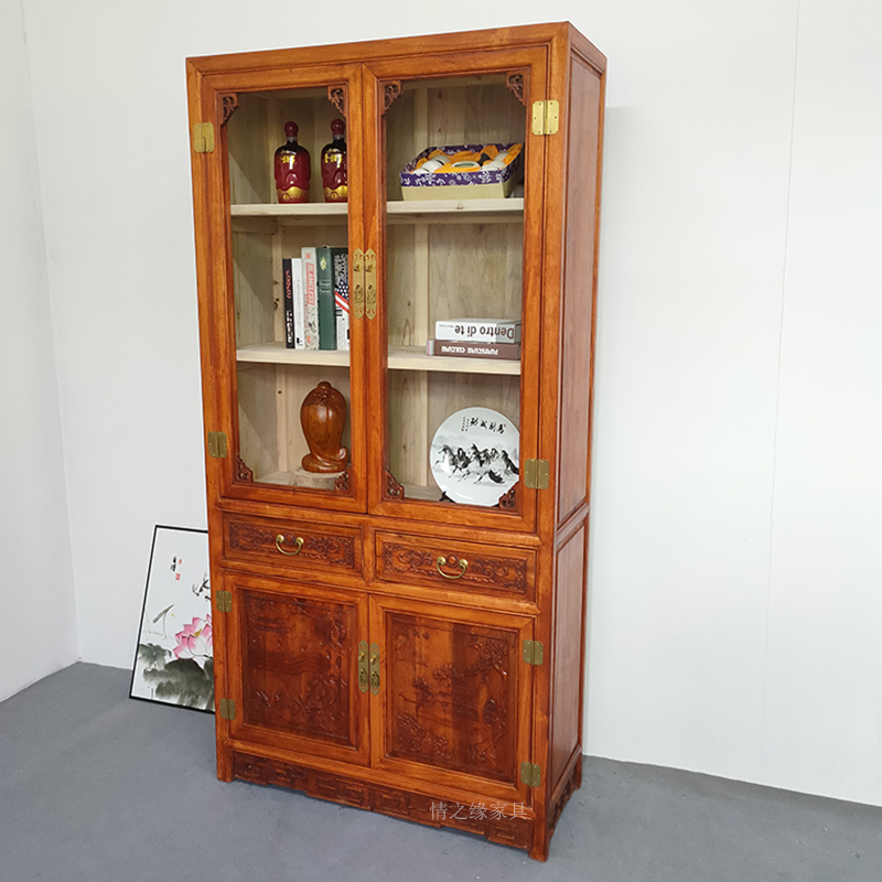 定制香樟木书柜实木明清仿古新中式两门带玻璃书橱书房文件储物柜支持