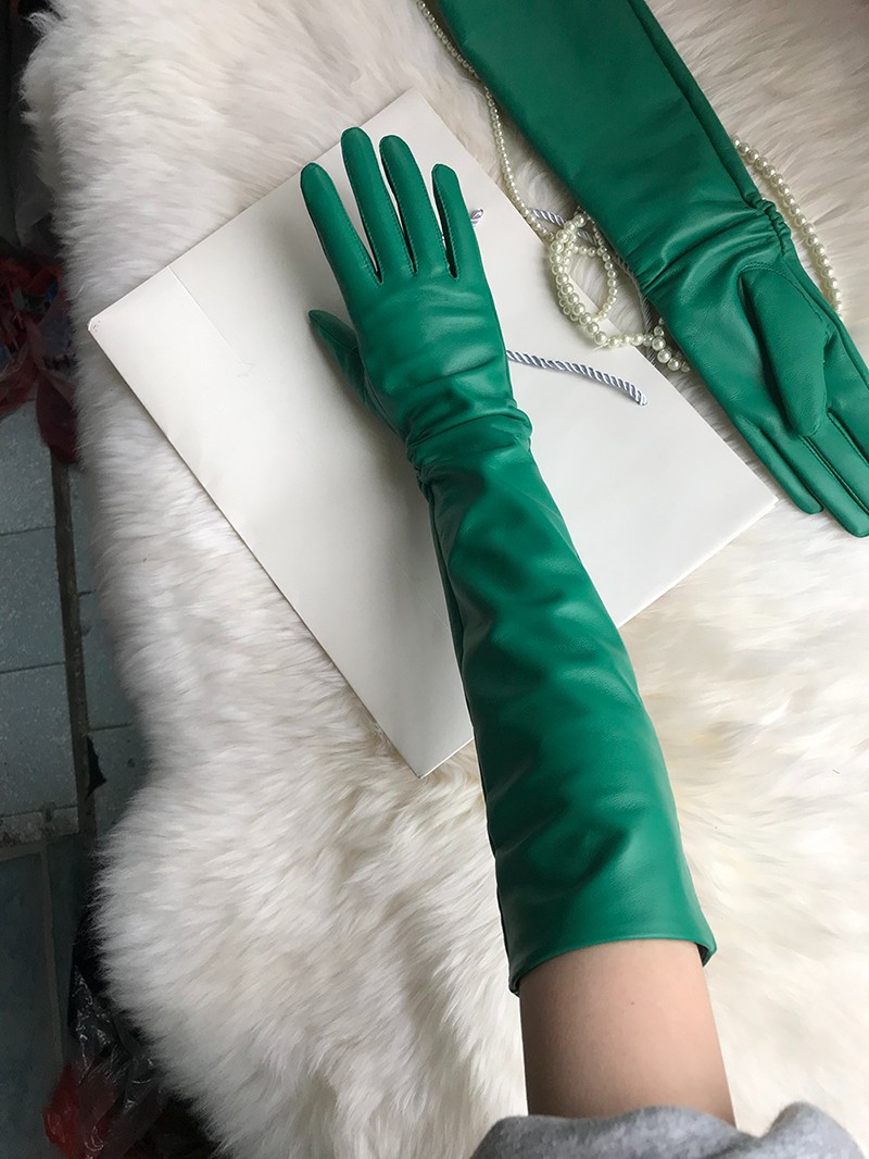 长款褶皱真皮手套 打皱绵羊皮翡翠绿色长皮手套冬季加绒手腕修手腕