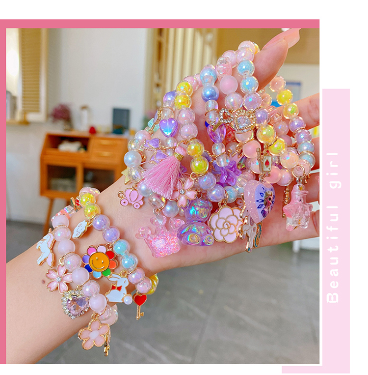 卡通小女孩手链儿童女童宝宝串珠手链配饰可爱手镯手环吊坠首饰6粉色