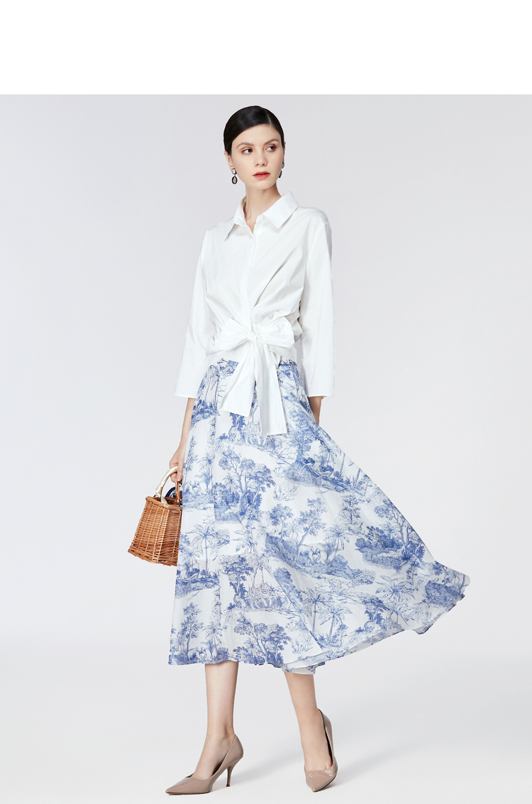 商场同款欧柏兰奴2021年夏季新款上衣女九分袖系带设计感职业衬衫oaxe