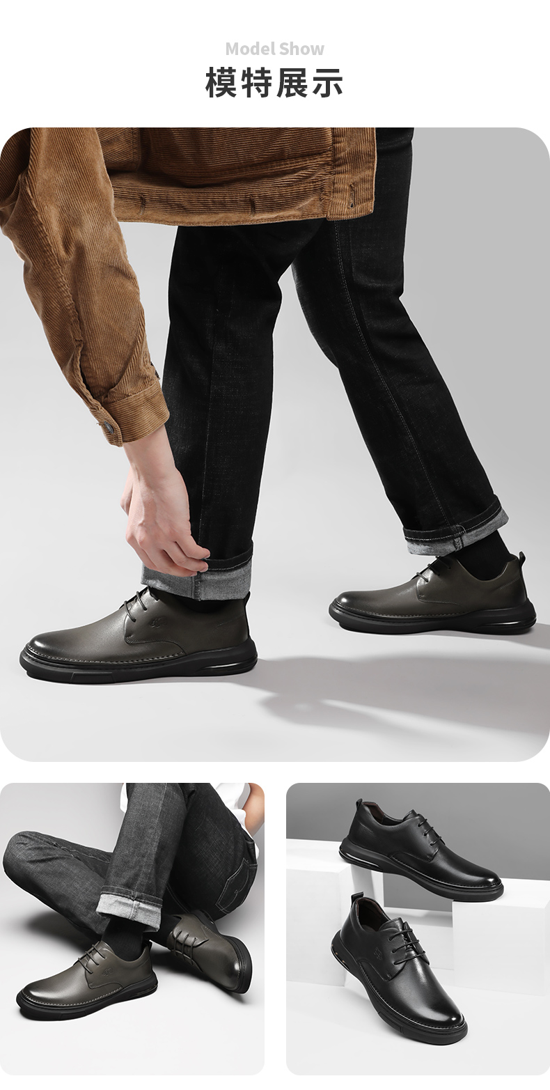 volo犀牛男鞋秋季男士商务休闲皮鞋真皮鞋气垫时尚小皮鞋男 灰色套脚