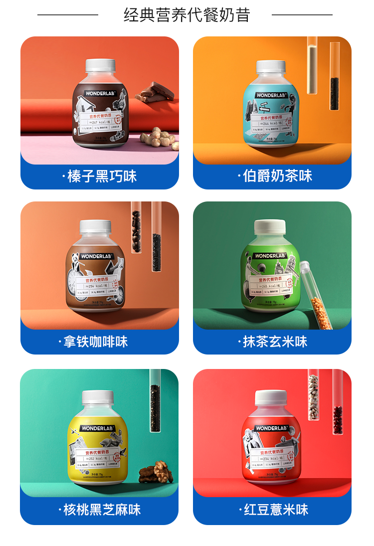 wonderlab小胖瓶奶昔营养饱腹早晚餐食品混合装75g18瓶