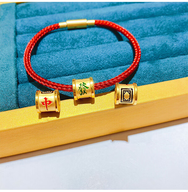 老凤凰 中发白黄金麻将转运珠手绳男999足金路路通珐琅珠子红皮绳手链