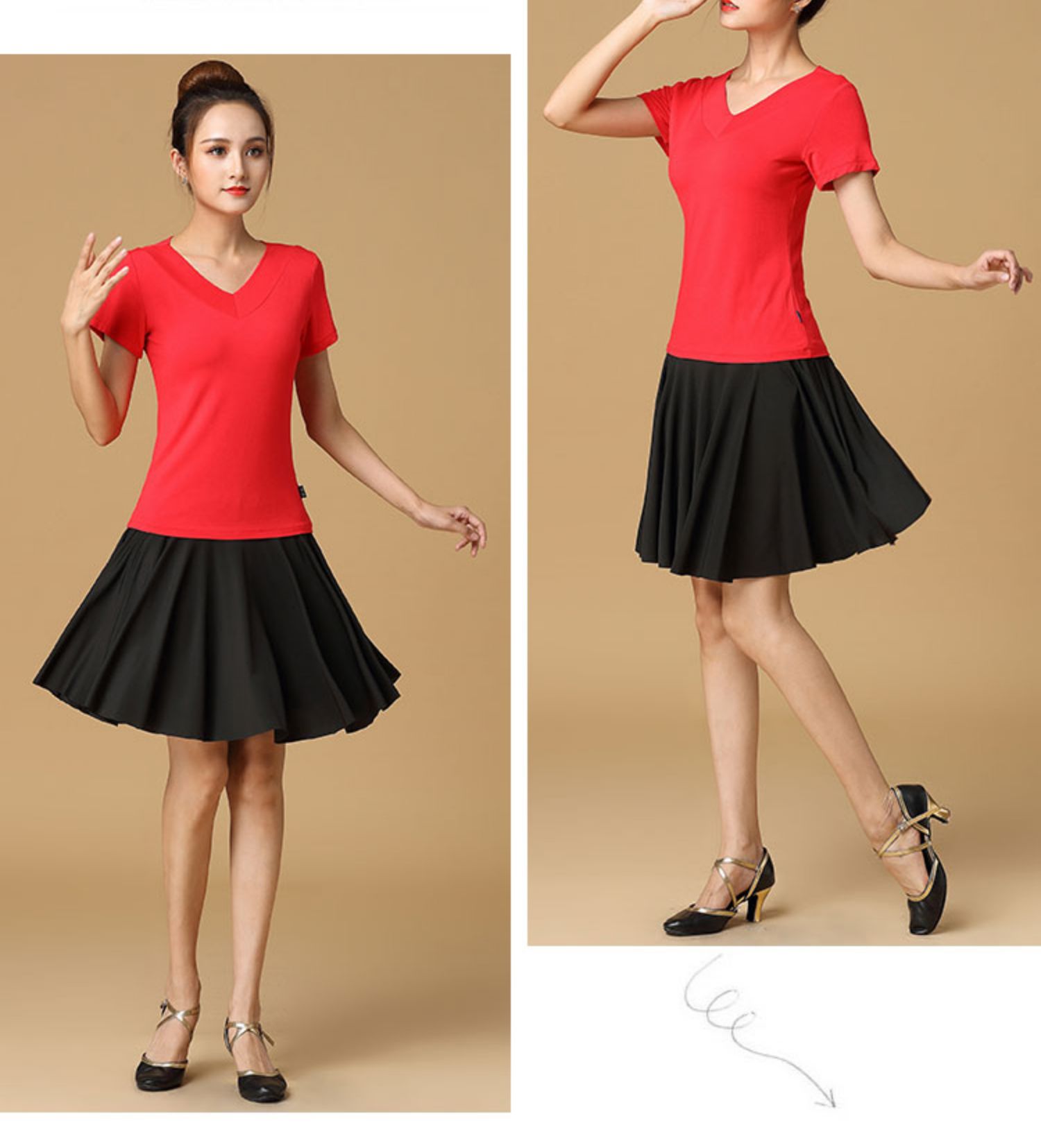 广场舞服装套裙新款短袖套装舞蹈练功服女跳舞裙子套黑红v领短袖衣