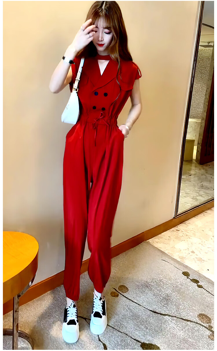 翰度红色领无袖连体裤女2022年夏装新款小个子收腰系带垫肩小脚裤潮