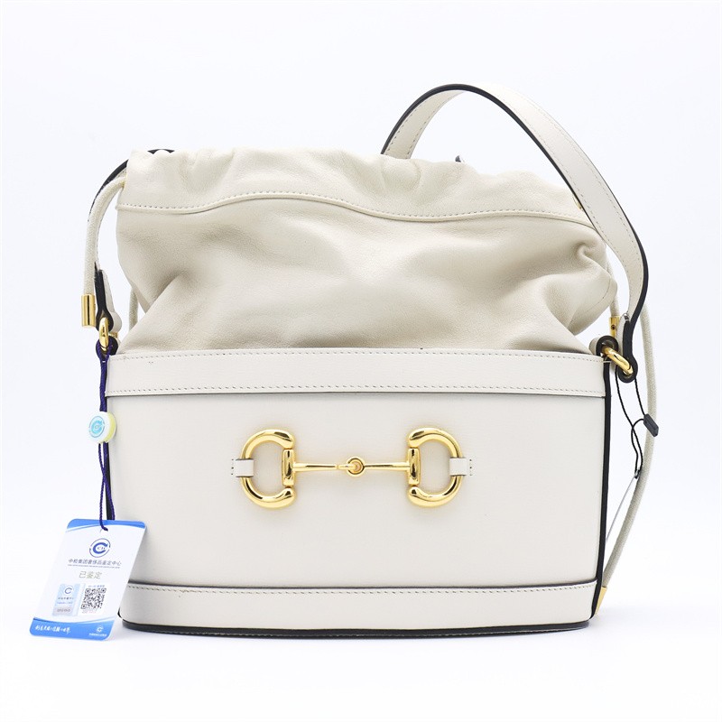 二手99新gucci古驰女包白色牛皮1955抽绳水桶包单肩包98新