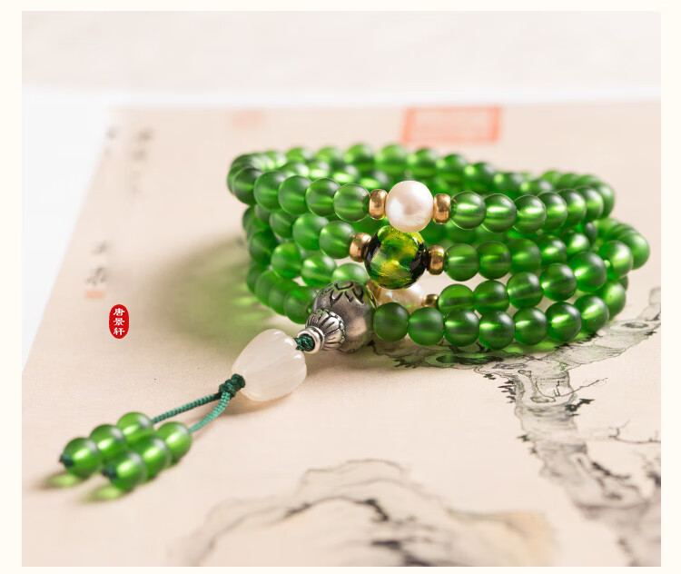 绿琉璃108颗佛珠绿度母心咒念珠尼泊尔老琉璃手持修行佛珠手串女 如露