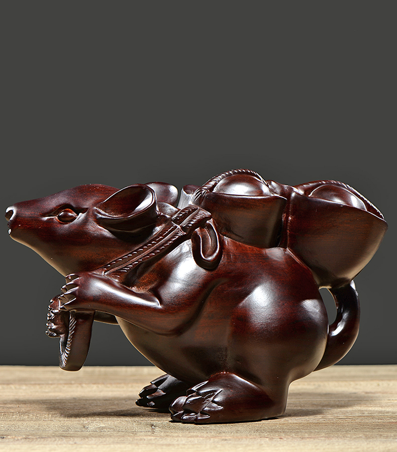真趣堂 木雕老鼠摆件十二生肖鼠把件实木 金钱鼠客厅装饰红木 a款老鼠